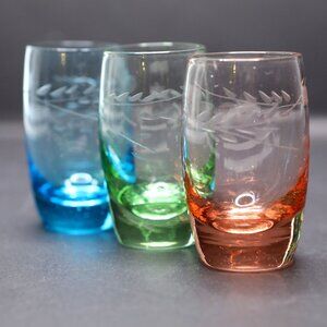 Vintage Etched Glass Mini Shot Glasses - Set of 3 - Blue, Green, Pink MCM Style